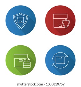 Cargo shipping flat linear long shadow icons set. Safe delivery service. Package with shield and padlock, parcel return. Vector outline illustration