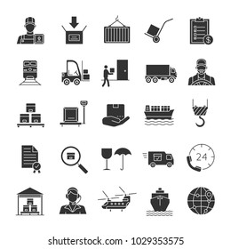 Cargo shipping glyph icons set. Silhouette symbols. Delivery service. Land, air and water transportation. Vector isolated illustration