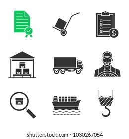 Cargo shipping glyph icons set. Certificate, dolly cart, invoice, warehouse, delivery truck, driver, parcel tracking, cargo vessel, crane hook. Silhouette symbols. Vector isolated illustration