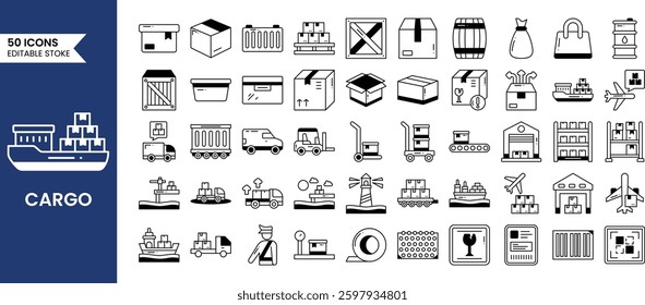 Cargo shipping icons set in duotone style. Delivery boxes, cargo box, ship steering wheel, cargo ship, truck, pallet box and more. Vector illustration