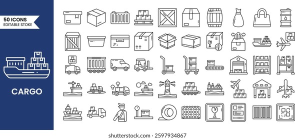 Cargo shipping icons set in line style. Delivery boxes, cargo box, ship steering wheel, cargo ship, truck, pallet box and more. Vector illustration