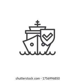 Cargo shipping insurance line icon. linear style sign for mobile concept and web design. Ship and protection shield outline vector icon. Symbol, logo illustration. Vector graphics