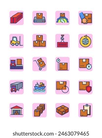 Conjunto de iconos de línea de envío de carga. Almacenamiento en almacén, cajas en carretilla elevadora, contenedor de elevación de grúa, barco de transporte. Colección de iconos delgados para logística, entrega, carga, exportación, distribución