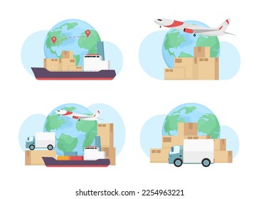 Cargo shipping modes around world flat concept vector illustration set. Editable 2D cartoon scene collection on white for web design. Delivery creative ideas for website, mobile, presentation