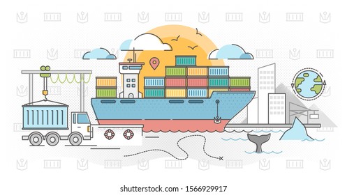 Cargo shipping outline concept vector illustration. Flat transport logistics delivery service by sea or ocean. Cargo, package or shipment moving industry. Industrial global trade work in harbor.