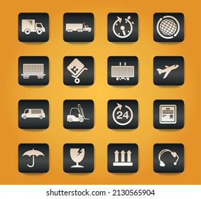 Cargo shipping symbols on black buttons on yellow background