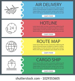 Cargo shipping web banner templates set. Delivery service. Military helicopter, hotline, route map, cargo ship. Website color menu items with linear icons. Vector headers design concepts