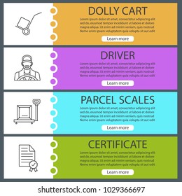 Cargo shipping web banner templates set. Delivery service. Dolly cart, driver, parcel scales, certificate. Website color menu items with linear icons. Vector headers design concepts