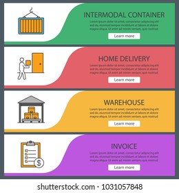 Cargo shipping web banner templates set. Intermodal container, home delivery, warehouse, invoice. Website color menu items. Vector headers design concepts