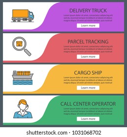 Cargo shipping web banner templates set. Delivery truck, parcel tracking, cargo ship, call center operator. Website color menu items. Vector headers design concepts