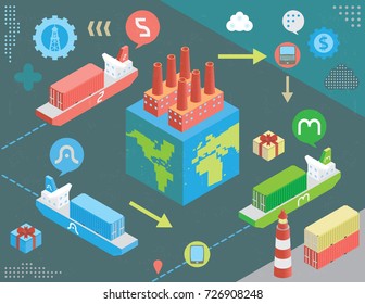 Cargo ships around the world concept with containers and tech icons, with infographics elements and grunge texture.