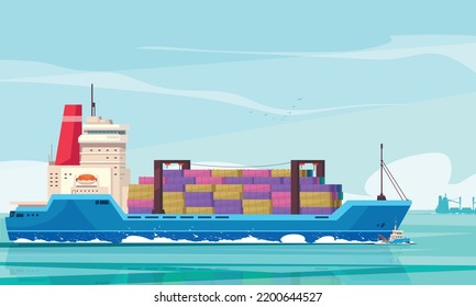 Cargo ships background with shipping and delivery symbols flat vector ilustration