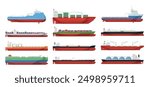 Cargo ships cartoon marine barge empty and with container side view set vector flat illustration. Nautical logistic industrial commercial delivery vessel freight import export transportation