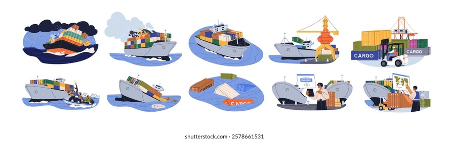 Cargo ships with freight containers. Sea transportation route, logistics, emergency, accidents set. Delivery, shipment insurance concept. Flat graphic vector illustrations isolated on white background