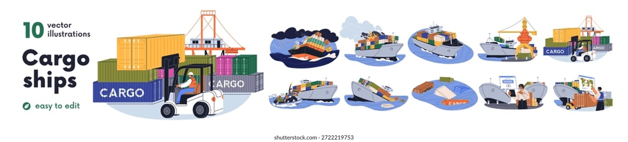Buques de carga con contenedores de carga establecidos. Entrega, concepto de seguro de envío. Ruta de transporte marítimo, logística, emergencia, accidentes. Ilustraciones vectoriales gráficas planas aisladas sobre fondo blanco