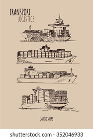 Cargo Ships. Hand drawn sketch illustration