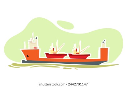 Cargo ships. Heavy lift ship transports small fishing vessels. Semi submersible ship. Sea delivery. Vector image for prints, poster and illustrations.