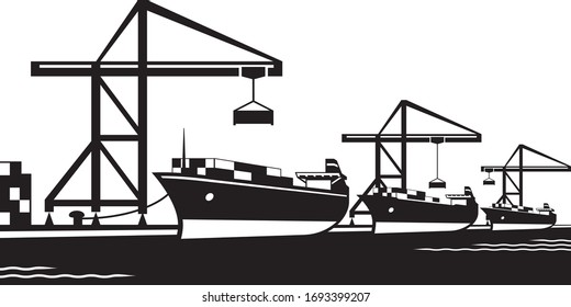 Cargo ships at industrial port - vector illustration