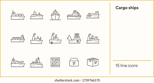 Juego de iconos de línea de barcos de carga.Concepto de transporte marítimo. La ilustración vectorial puede utilizarse para temas como marina, transporte, viajes