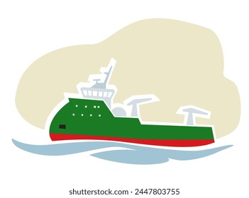 Barcos de carga. Buque de abastecimiento en alta mar. Buque de suministro de plataforma. Transporte marítimo. Imagen de Vector para impresiones, póster e ilustraciones.