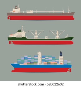 Cargo ships. Oil tanker, bulk carrier, container ship. Commercial vessels. Goods delivering business industry. Freight ships side view isolated. Vector illustration svg
