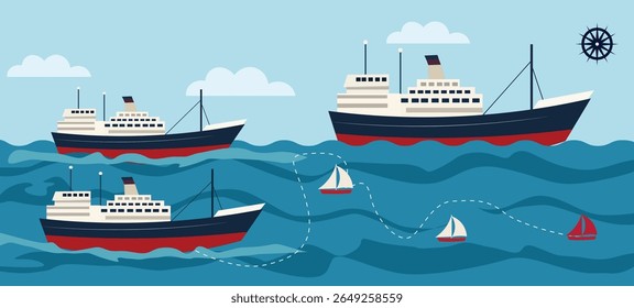 Cargo Ships and Sailboats on Blue Ocean Waves - Maritime Transport Illustration