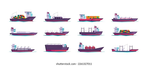 Cargo ships. Sea vessel tanker with shipping containers, commercial freighter shipment cartoon flat style, import export global logistics concept. Vector set. Large water transport for trading