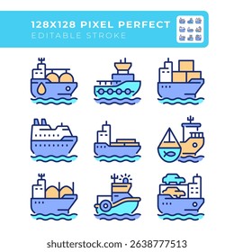 Cargo shops types pixel perfect line color icons set. Maritime transport delivering freights. Sea route delivery service. Vector illustrations. Simple flat colorful symbols collection. Editable stroke