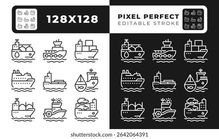 Cargo shops types pixel perfect black and white line icons set. Maritime transport delivering freights. Sea route delivery service. Outline iconset. Isolated monochrome illustrations. Editable stroke