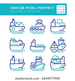 Cargo shops types pixel perfect two color line icons set. Maritime transport delivering freights. Sea route delivery bicolor outline iconset isolated. Duotone pictograms thin linear. Editable stroke