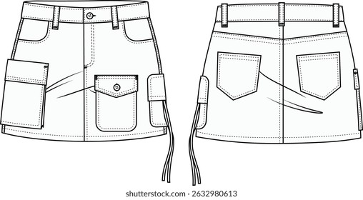 cargo short skirt denim flat line vector design
