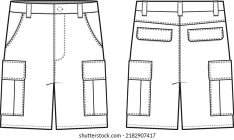 Cargo Shorts Flat Technical Drawing Illustration Five Pocket Classic Blank Streetwear Mock-up Template for Design and Tech Packs CAD Outdoor