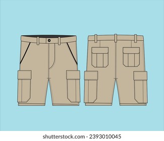 Cargo Shorts Flat Technical Drawing Illustration.Mock up Template for Design and Tech Packs CAD Außenbereich