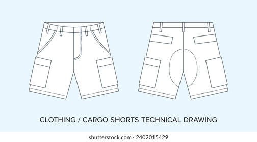 Cargo Shorts Technical Drawing, Apparel Blueprint for Fashion Designers. Detailed Editable Vector Illustration, Black and White Tactical Clothing Schematics, Isolated Background