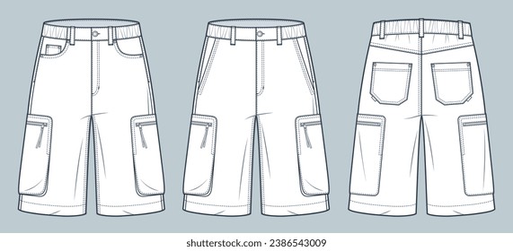 Cargo Shorts technical fashion illustration. Denim Short Pants fashion flat technical drawing template, elastic waistband, pockets, front, back view, white, women, men, unisex CAD mockup set.