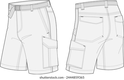 Cargo shorts technical fashion illustration featuring a basic design with flap pockets and nylon webbing adjustable belt.