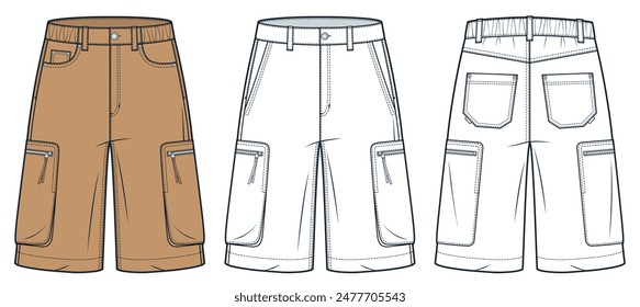 Cargo Shorts technical fashion illustration. Short Pants fashion flat technical drawing template, elastic waistband, pockets, front, back view, white, camel brown, women, men, unisex CAD mockup set.