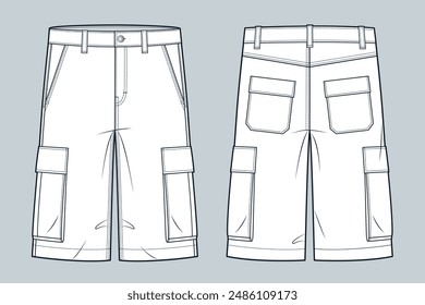 Cargo Kurzen Videos technische Mode Illustration. Short Pants Mode flache technische Zeichnung Vorlage, Taschen, Vorder- und Rückansicht, Weiß, Damen, Männer, Unisex CAD Mockup.