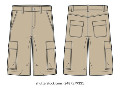 Cargo Shorts technical fashion Illustration. Short Pants fashion flat technical drawing template, pockets, front and back view, beige, women, men, unisex CAD mockup.