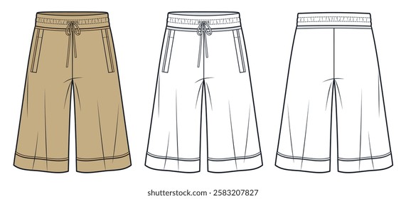 Cargo Shorts Technical Fashion Illustration. Shorts fashion technical drawing template, pockets, knee length, wide leg, elastic waistband, front, back view, white, beige, women, men, unisex CAD mockup