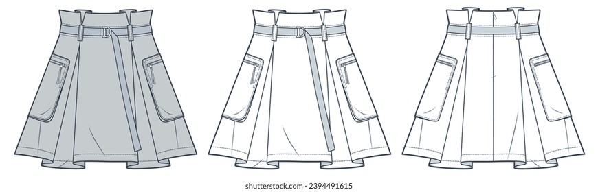 Cargo Skirt technical fashion illustration. Pleated mini Skirt fashion flat technical drawing template, back zipper, pockets, front and back view, white, grey, women CAD mockup set.