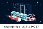 Cargo spaceship transports large servers. Servers in space. Vector retro illustration in comic style.