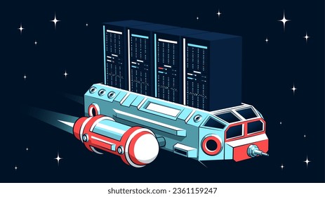 La nave espacial de carga transporta grandes servidores. Servidores en el espacio. Ilustración vectorial retro en estilo cómico.