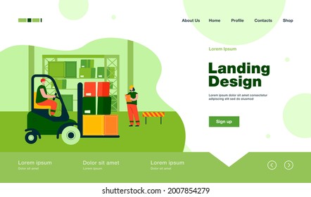 Cargo staff in warehouse interior. Flat vector illustration. Factory and logistic workers, loader in forklift, trucks, couriers in stockroom. Cargo, delivery and supply service, industry concept