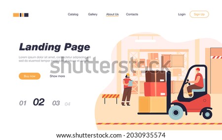 Cargo staff in warehouse interior. Flat vector illustration. Factory and logistic workers, loader in forklift, trucks, couriers in stockroom. Cargo, delivery and supply service, industry concept