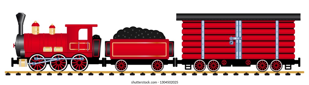 Cargo steam train on a rail road Vector illustration