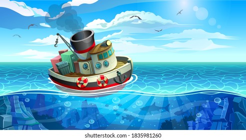 A cargo steamer goes to sea with waves on a sunny day. Underwater world with algae and fish.