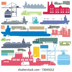 Cargo supply chain and transportation means color vector outline illustration set