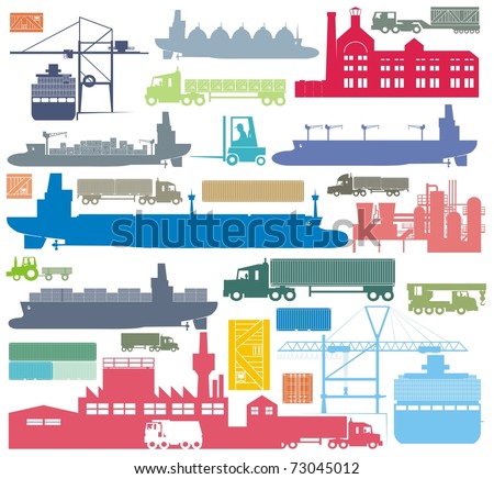 Cargo supply chain and transportation means color vector outline illustration set