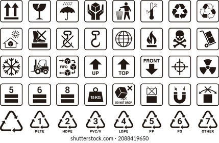 Cargo symbols set, packaging icons vector image black on white isolated on white background, eps